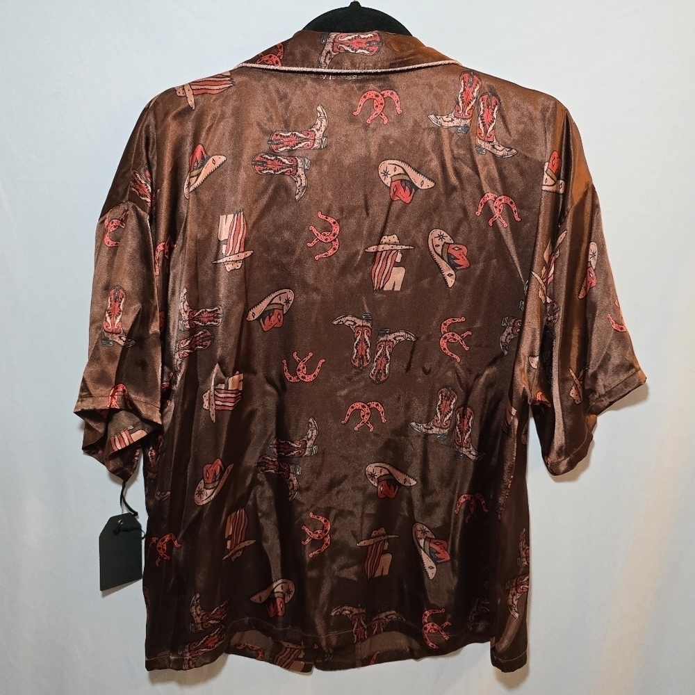 NWT Midnight Bakery Silky Cowgirl Print Button Front Top Chapel Roan Horse, sz L - Picture 6 of 9